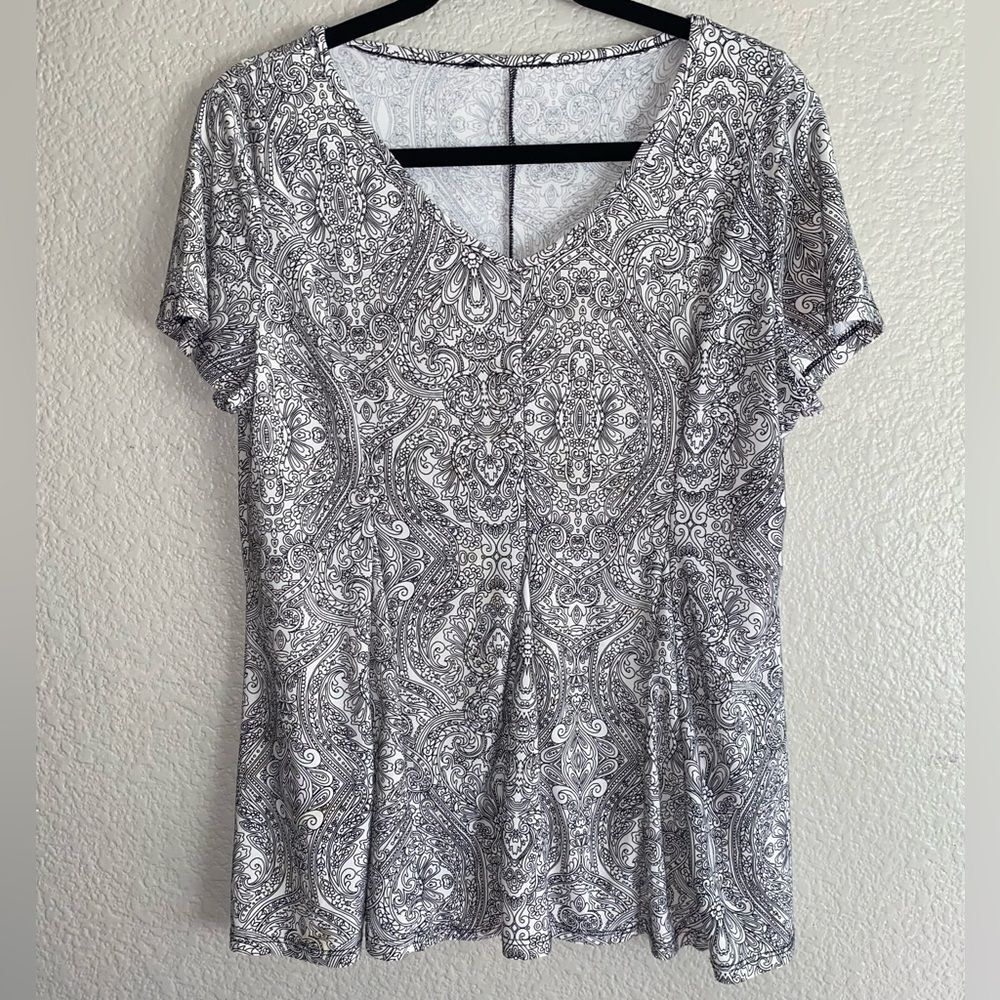 Black White Paisley Print V-Neck Blouse Women’s L